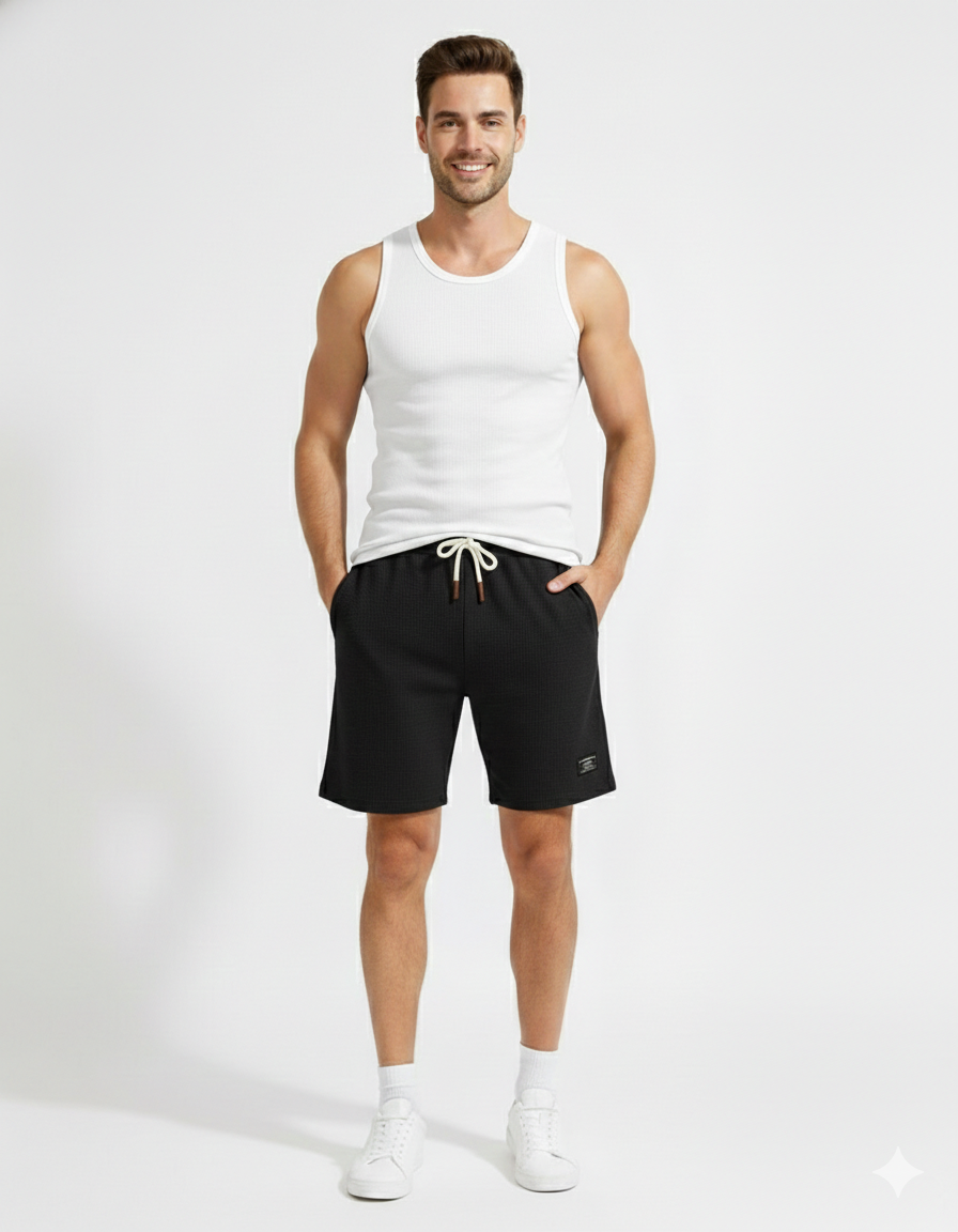 Men’s Classic Waffle Knit Comfort Shorts ( BLACK )