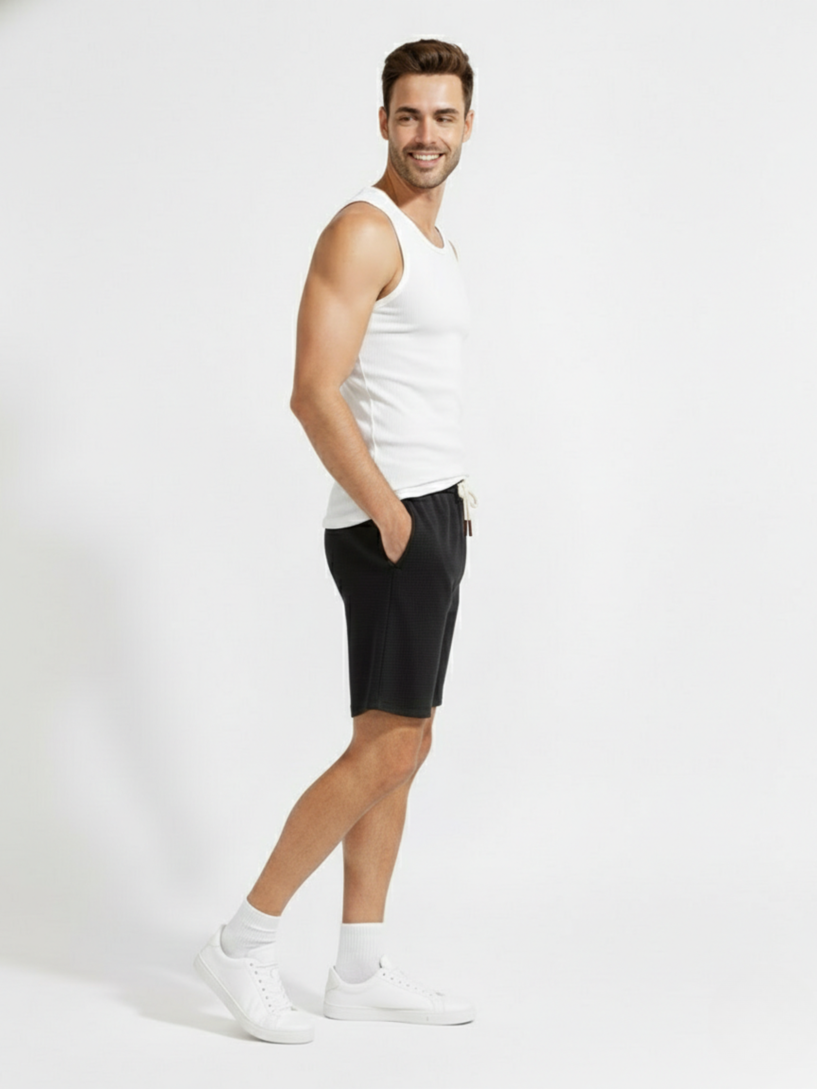 Men’s Classic Waffle Knit Comfort Shorts ( BLACK )